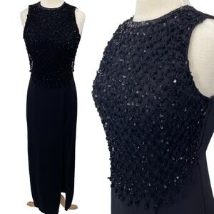 Vintage 90s Column Maxi Dress Sequin Fishnet Crochet Overlay Black NEW Womens S